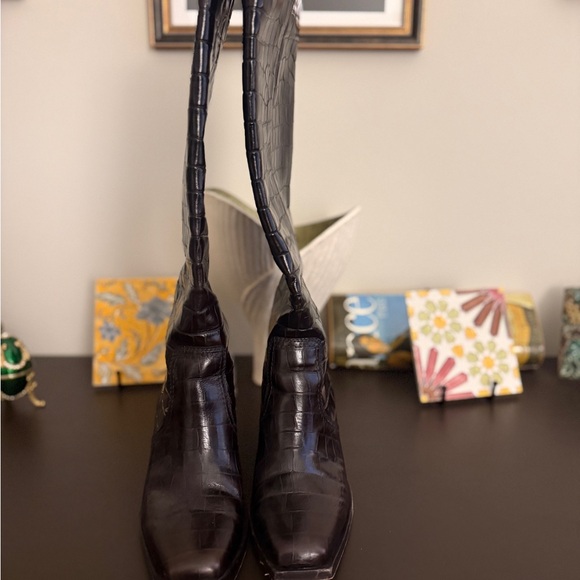 Loeffler Randall Dark Brown Croc-Embossed  Knee Boots- Leather - Picture 3 of 8